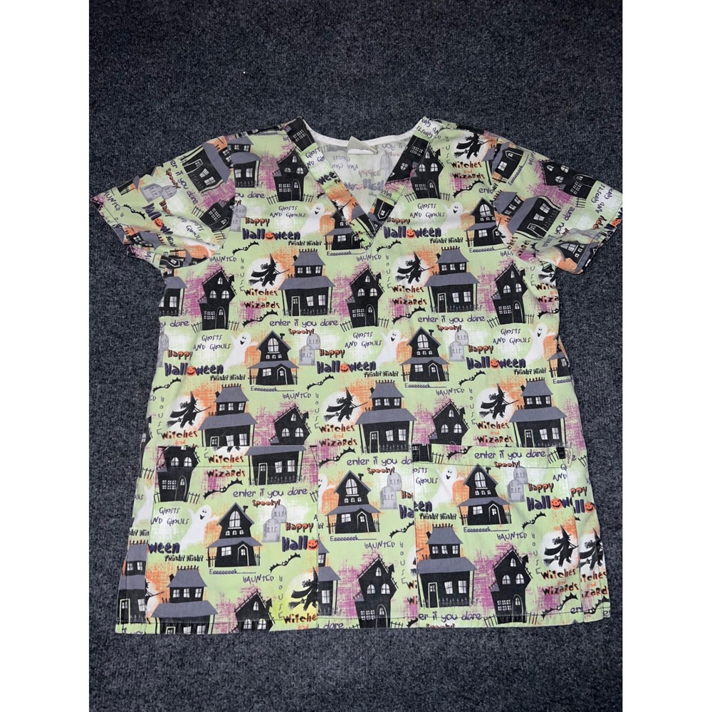 Tafford Halloween Scrub Top Small Green Haunted House Witch NPT69H-SPKT